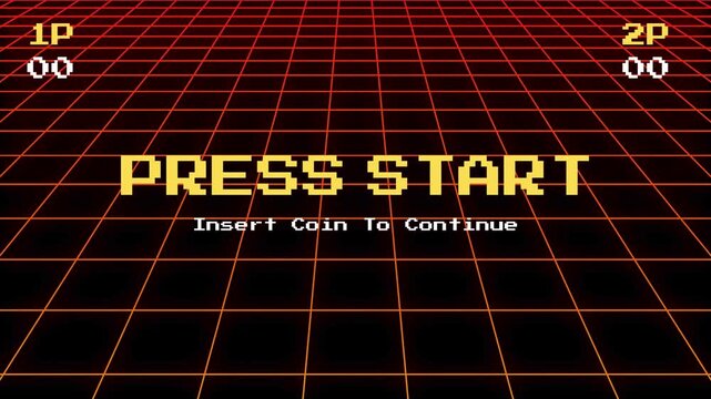 Retro Arcade Game Screen with "Press Start" and "Insert Coin" Prompt on a Digital Grid Background