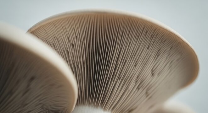 Close-up abstract view of oyster mushroom gills, showing delicate textures