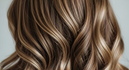 Fototapeta premium Close-up of wavy, highlighted brown hair with blonde and caramel tones