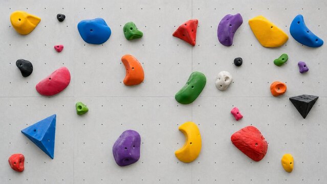 colorful rock climbing holds mounted on white wall as abstract indoor bouldering route background with copy space