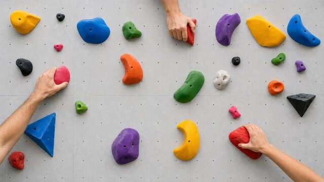 colorful rock climbing holds mounted on white wall with hands reaching for route planning and problem solving practice