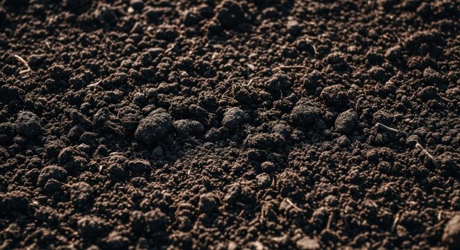 Close-up view of dark, rich, clumpy soil with visible texture and granular details