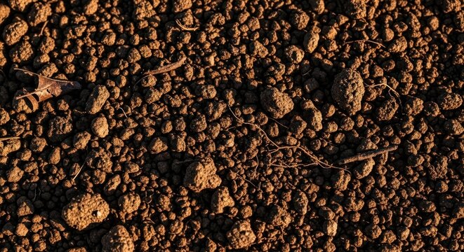 Close-up view of dry, crumbly soil with tiny pebbles and organic debris