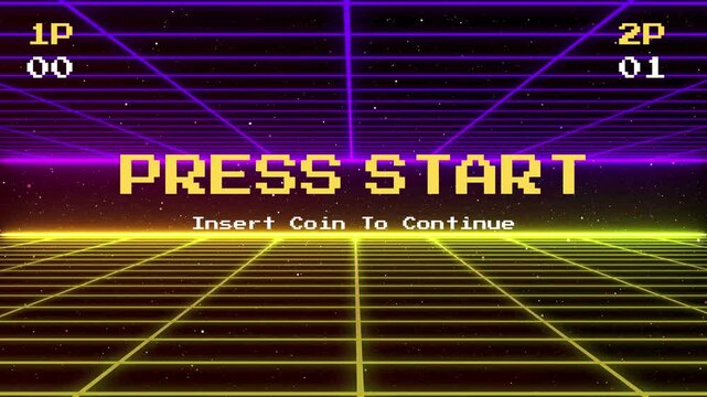 Retro arcade game start screen with a grid background and neon lights