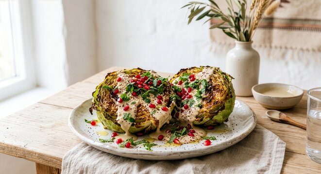 Pieczona kapusta posypana ziarnami granatu i świeżą miętą, obficie polana kremowym sosem tahini z cytryną. Tło w stylu bliskowschodnim, jasne, minimalistyczne.