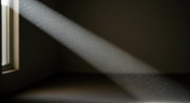 Dust motes dance in a stark, sunlit shaft piercing a darkened, minimalist room