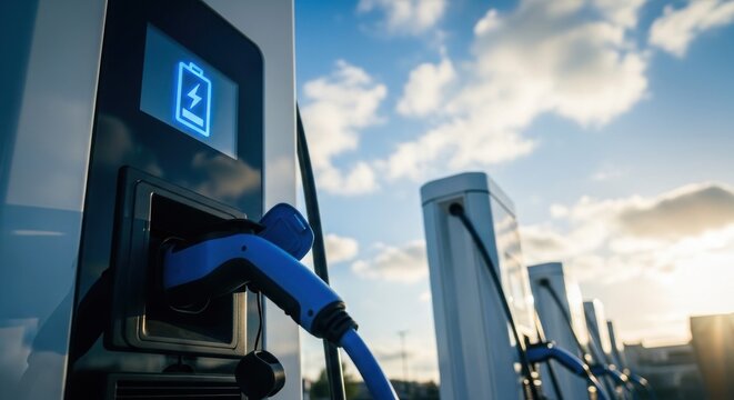 Electric vehicle charging station with blue plug connected, battery icon on screen
