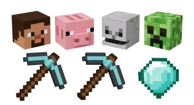 Four pixelated blocky heads and diamond pickaxes, digital game assets