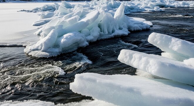 Frozen river chunks and rushing water create a stark, beautiful winter scene