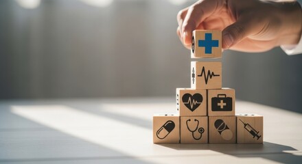 Hand stacking wooden blocks with medical symbols forming a healthcare tower