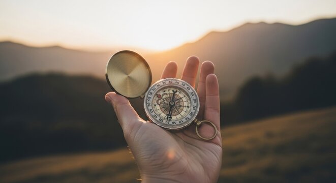 Hand holding compass against sunset mountain landscape, symbolizing direction