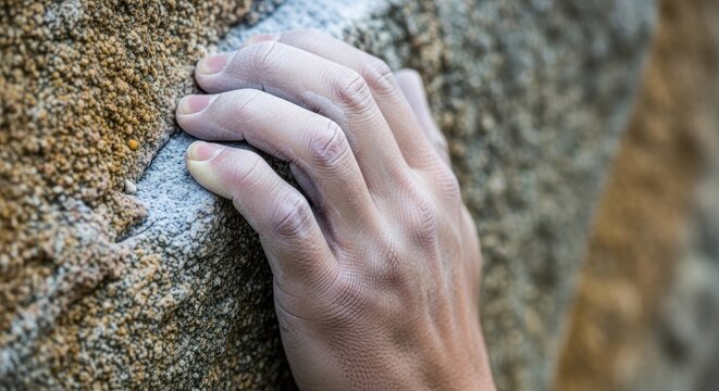 Hand grips rough textured rock, chalked for a secure hold during ascent