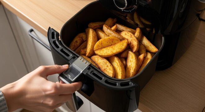 Hand placing basket of golden potato wedges into a black air fryer