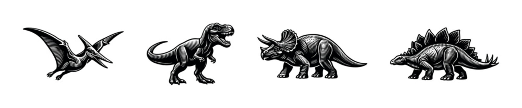 Black and white vector illustrations of dinosaurs featuring t-rex triceratops pterodactyl and stegosaurus
