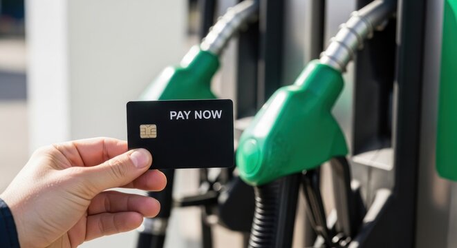 Hand holds credit card for contactless payment at gas pump, fueling up