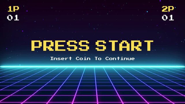 Retro 8-bit Pixel Art Game Start Screen with Glowing Grid and Player Score