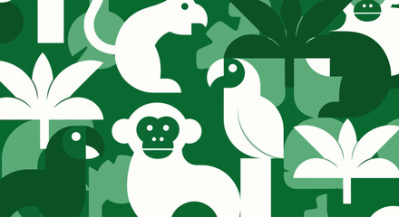 Jungle Pattern: White Monkeys, Parrots, and Tropical Leaves on Green Background © hadi