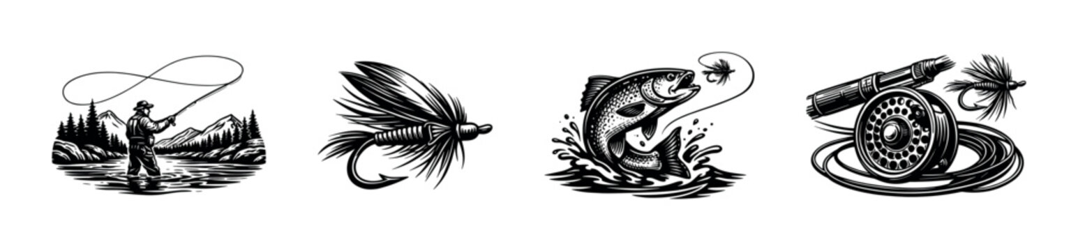 Fly fishing elements vector set with fisherman fish hooks and rods black and white illustration