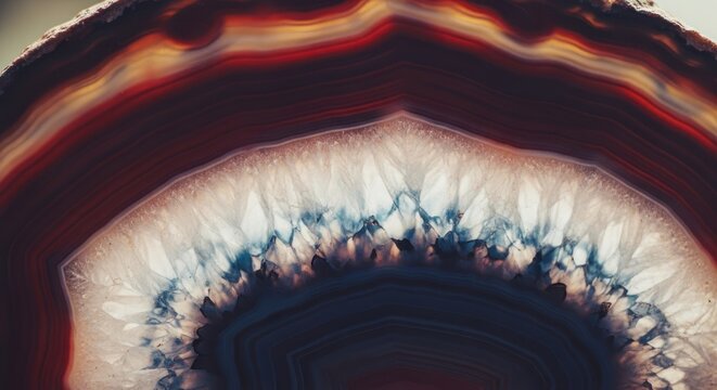 Macro view of a polished agate slice showcasing concentric bands of color and crystal formations