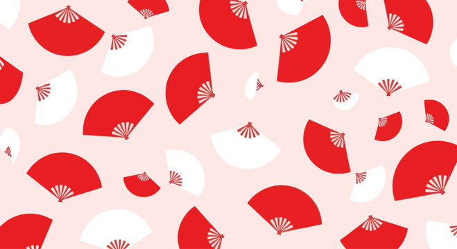 Seamless Pattern of Red and White Japanese Fans on Pastel Pink Background