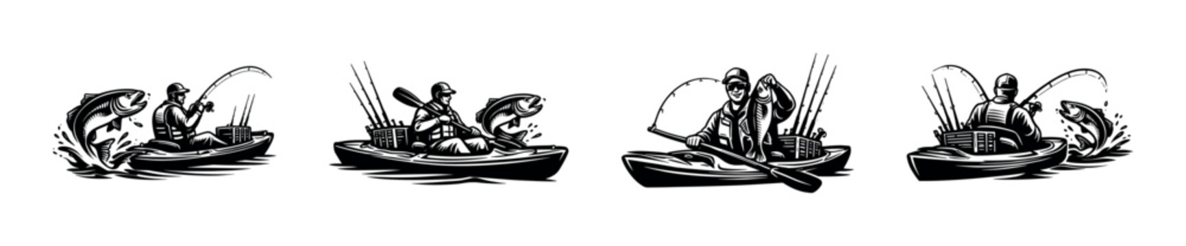 Black and white vector illustrations of anglers fishing from kayaks with caught fish and fishing gear