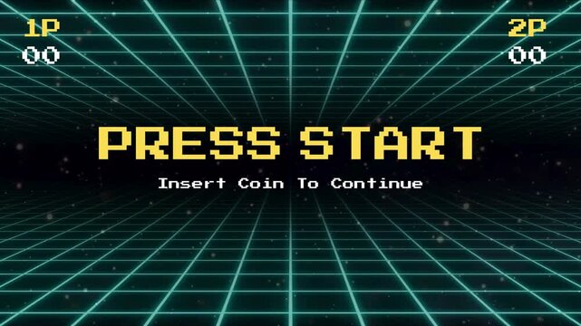 Retro Arcade Game Start Screen with Grid Background and Press Start Message