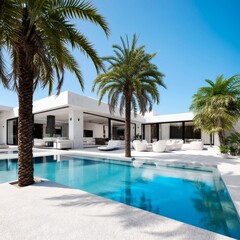 Fototapeta premium Picturesque Villa Pool Scene With Palm Trees and Lounge Area in Sunny Location