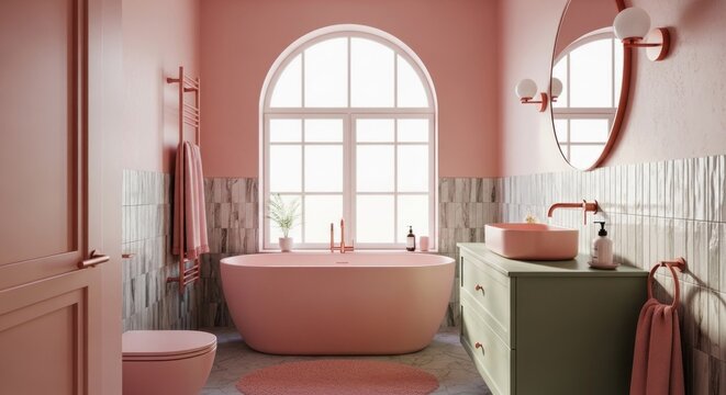 Modern pink bathroom with arched window, green vanity, and copper fixtures