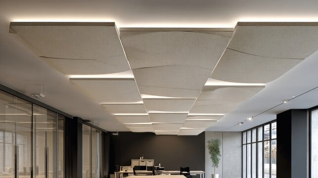 Beige Acoustic Ceiling Panels with Beveled Edges in a Modern Office Interior