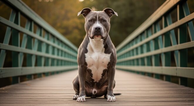 Muscular pit bull dog sits stoically on a wooden bridge in autumn
