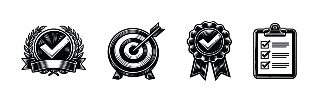 Vintage style vector set of achievement icons with laurel wreath badge target ribbon checklist
