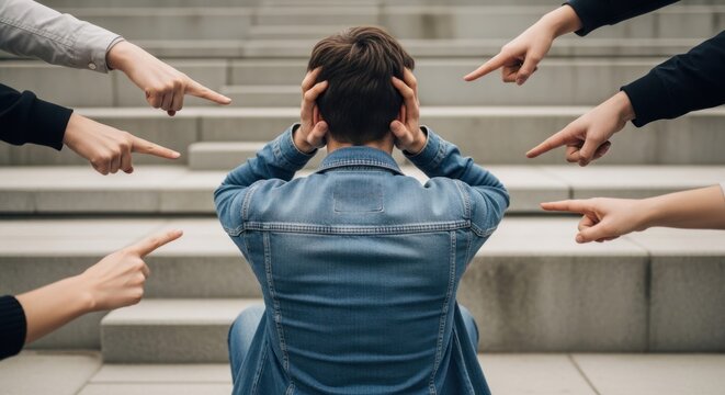Person in denim jacket with hands over ears, surrounded by pointing fingers