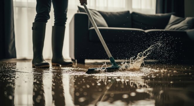Person in boots mopping up water from a flooded floor in a living room