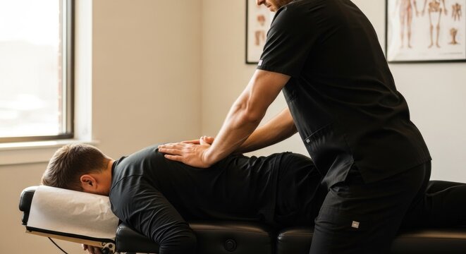 Practitioner applies gentle pressure to a patient's back on a massage table