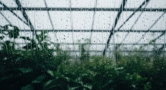Raindrops on glass in a greenhouse, blurred plants and structure visible