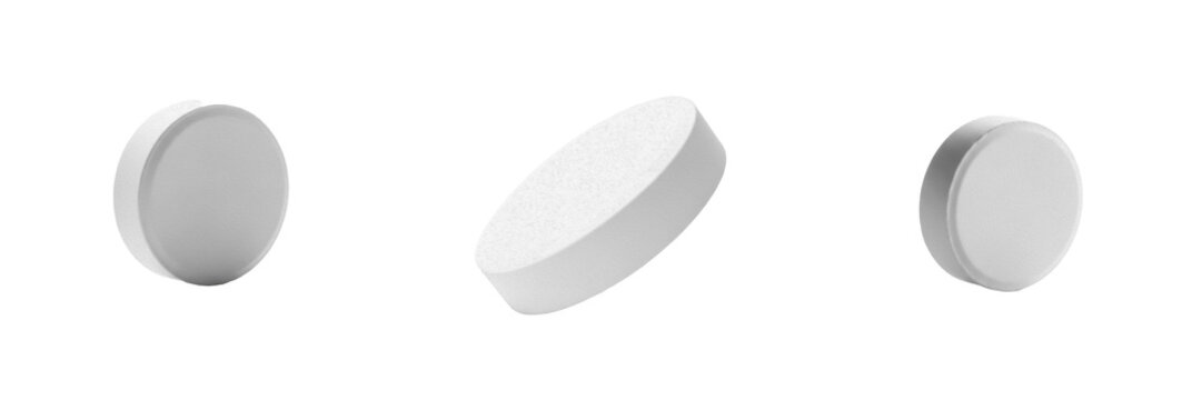 Set and collection of round white tablet pill isolated on white transparent png background