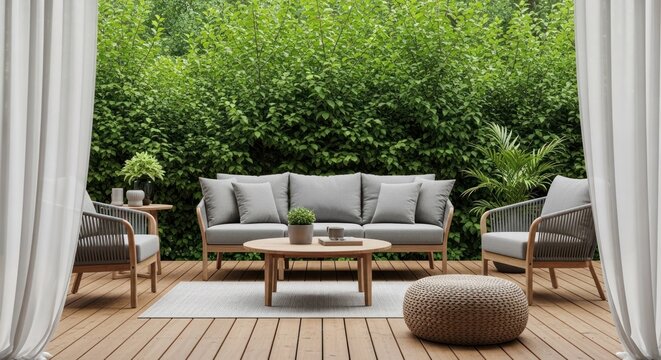 Serene outdoor patio lounge area with modern furniture amidst lush greenery