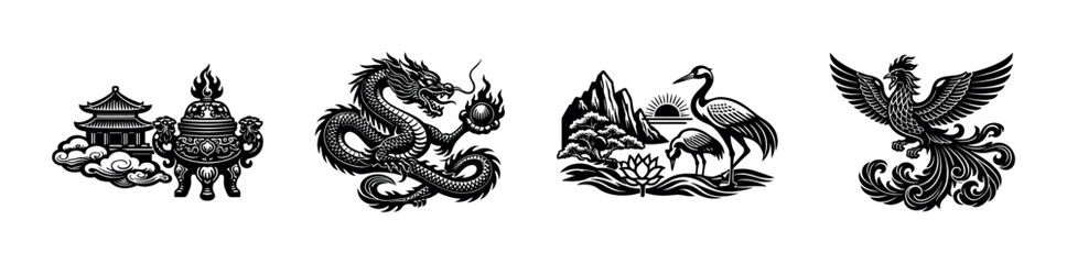 Fototapeta premium Black and white asian mythical creature and landscape vector illustration set including dragon phoenix temple and crane