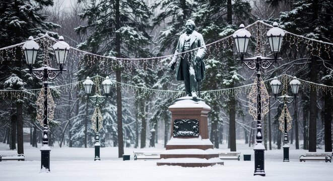 Snowy park with central statue, festive lights, and tall evergreens