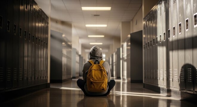 Solitary figure sits in a sunlit school hallway, backpack on
