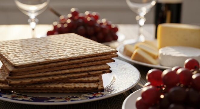 Stacked matzah, cheese, and grapes on a table, with wine glasses