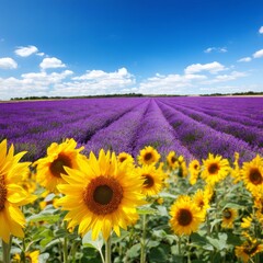 Fototapeta premium Sunflowers and Lavender in a Bright Field Under a Blue Sky With Clouds in Summer