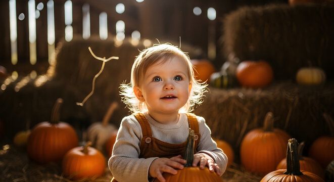 Baby holding pumpkin surrounded by autumn harvest