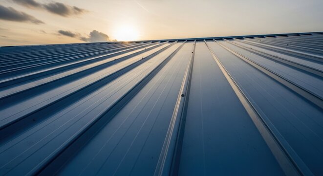 Sunrise reflects on a vast, blue corrugated metal roof under a clear sky