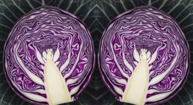 Symmetrical kaleidoscope view of halved purple cabbage, revealing layered texture