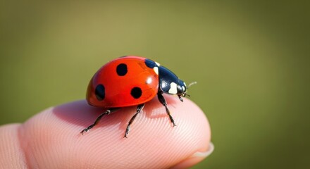 Fototapeta premium Tiny red ladybug with black spots rests on a person's fingertip