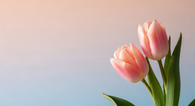 Two delicate pink tulips with green stems and leaves against a soft gradient background