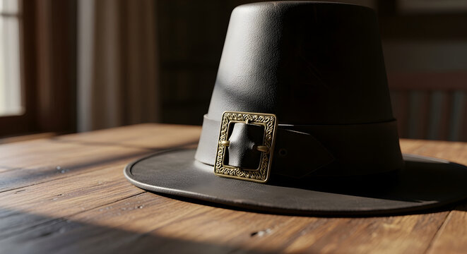 Black Puritan hat with decorative buckle