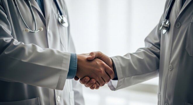 Two doctors in white coats shake hands, symbolizing partnership, trust, and medical collaboration