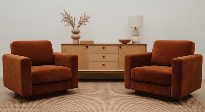 Two rust-colored velvet armchairs face a wooden credenza with decor